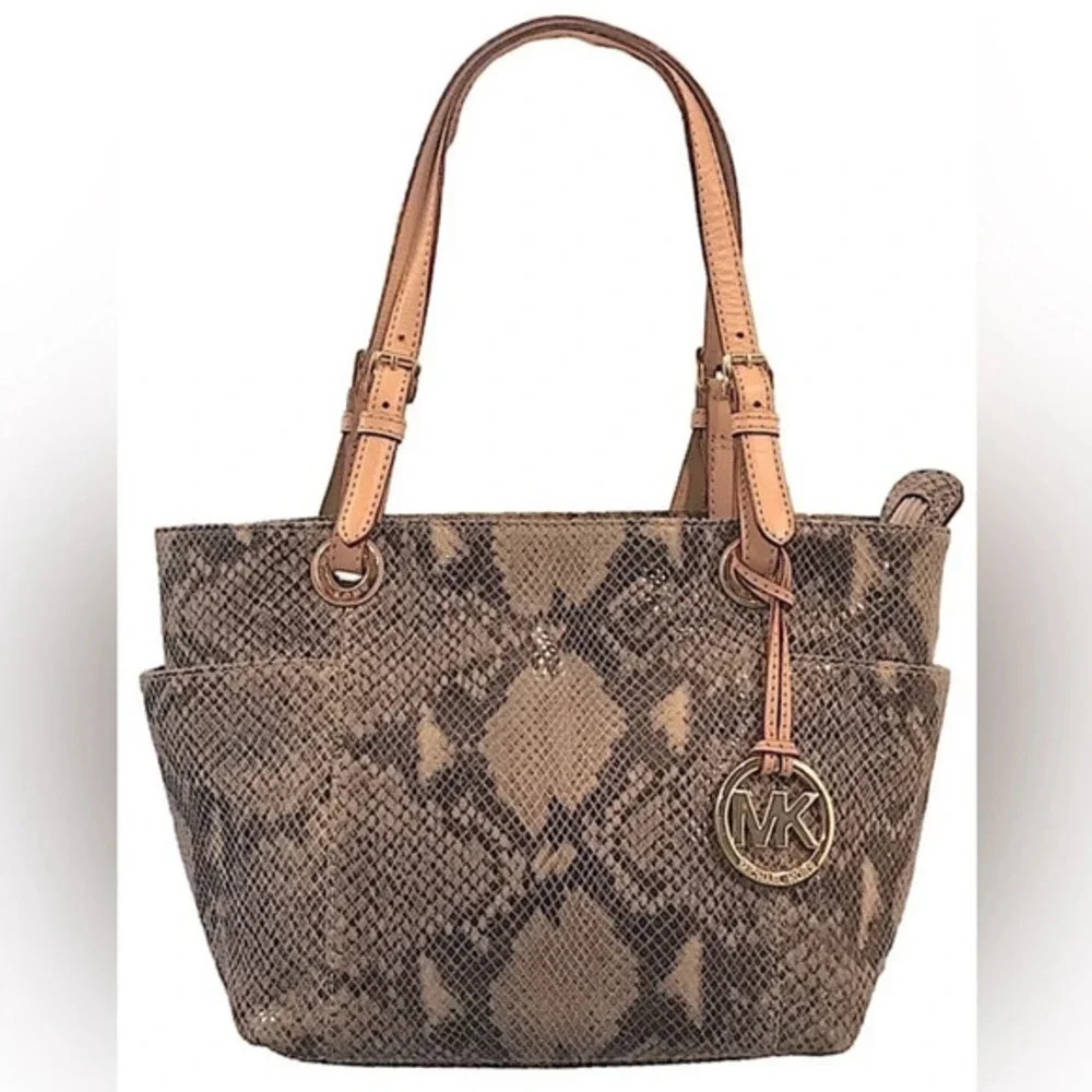 Michael Kors Jet Set Python Embossed Leather Gold Metallic Lined Shoulder Bag